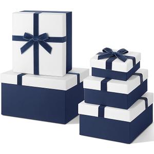 Cholemy Valentine 5 Pcs Luxury Nesting Gift Boxes with Lid and Velvet Ribbon Assorted Size Decorative Box Wrap for Present Wedding Graduation Birthday Anniversary Party Favor(Navy Blue)