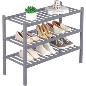 3 Tier Bamboo Shoe Rack for Closet Free Standing Wood Shoe Shelf Storage Organizer for Entryway Small Space Stackable 27"x11"x20" (Grey)