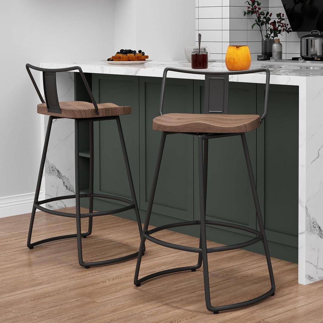 Yongqiang 26" Swivel Bar Stools with Backs Set of 2 Metal Counter Height Bar Chairs with Wooden Seat Industrial Barstools Matte Black