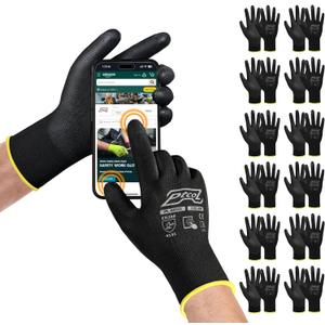 Safety Work Gloves PU Coated for Men and Women-12 Pairs,Black Seamless Knit Glove with Three Fingers Touchscreen,Ideal for General Duty Work (XX-Large)