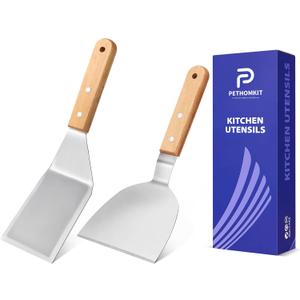 Metal Spatula Set,Fish Griddle Spatulas,Stainless Steel Spatula Turner with Wooden Handle,Small Wide Beveled Edges Spatulas Flippers for Cast Iron Skillet, Pancake, Egg, Burger, Omelet, 2 Pack