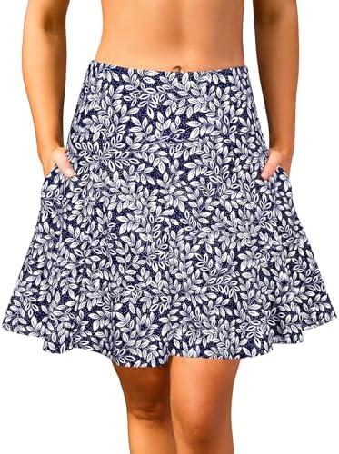 SHEKINI Women's High Waisted Swim Skirt Side Pockets Bathing Suit Bottom with Built-in Short, M