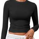 Women's Basic Long Sleeve Cotton Shirts Tight Fit Fall Crewneck Trendy Y2K Crop Tops (Medium, Black)
