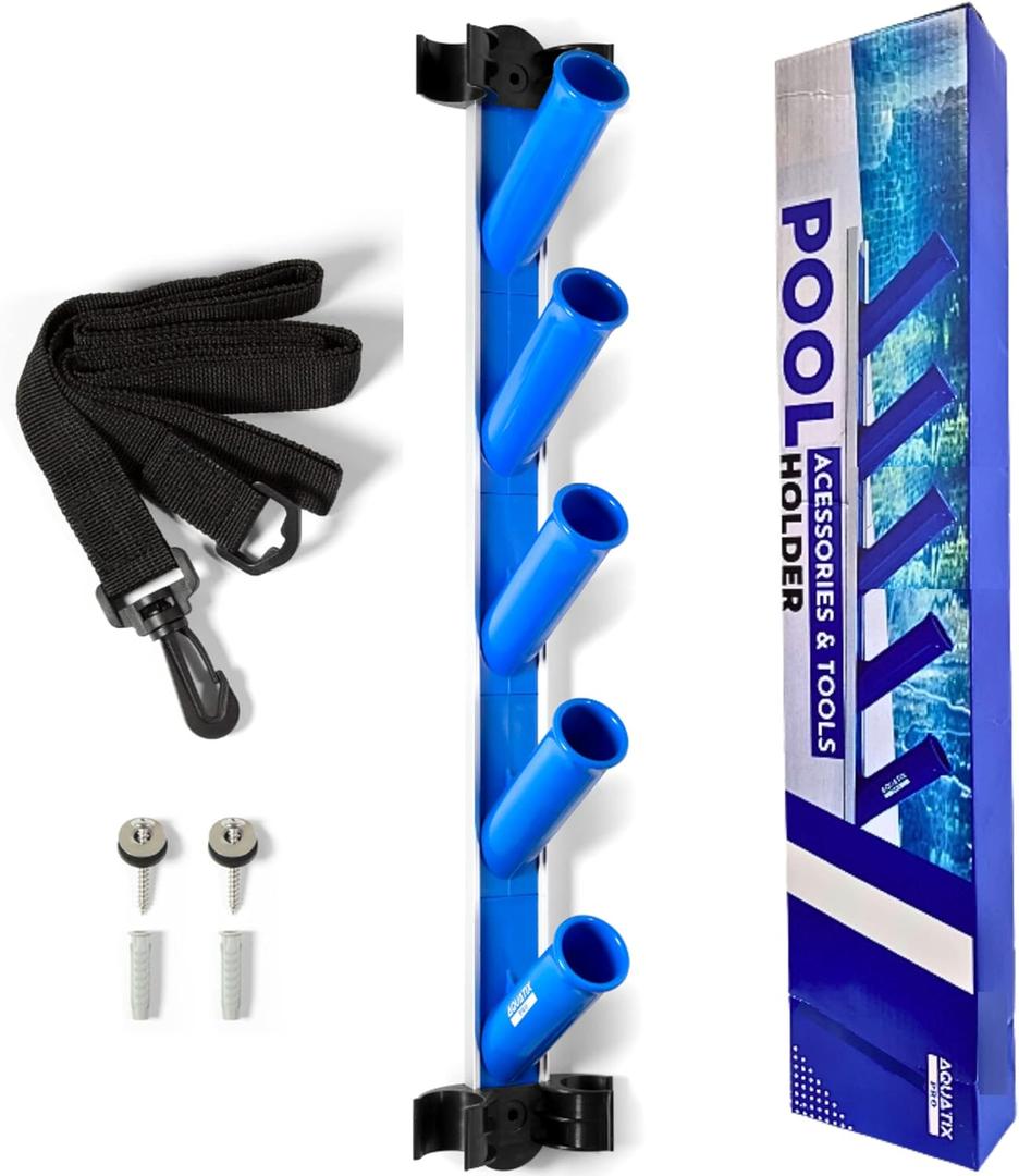 Aquatix Pro Pool Accessory Holder, Hanger & Organizer, Complete Kit, 110lbs Holding Power, Best for Swimming Pool Pole, Brush, Skimmer & Vacuum Head, Caddy for all Accessories & Attachments, Rustproof
