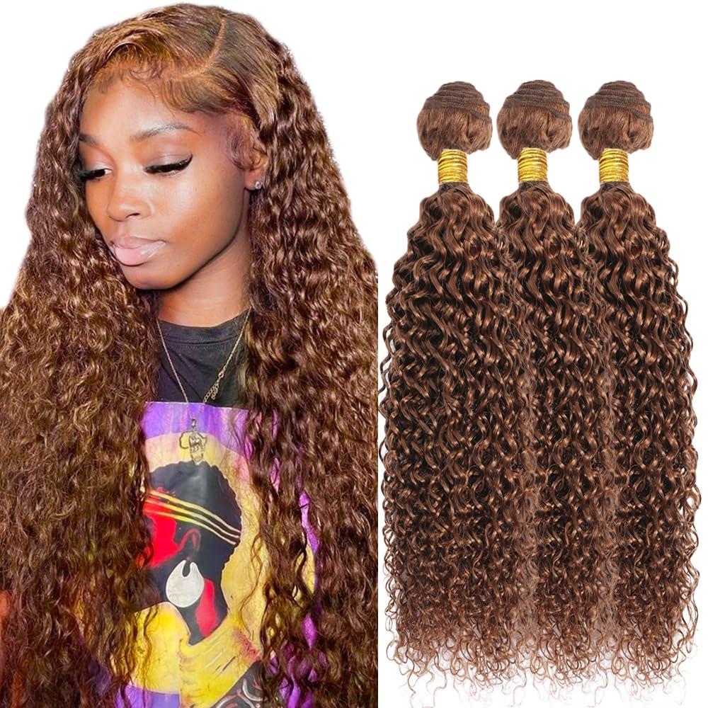 26 28 30 Inch Color 30 Brown Water Wave Human Hair Bundles Brazilian Virgin 3 Bundles Light Brown Wet and Wavy Bundle Human Hair Extensions 50 Gram Per Bundle