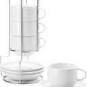 Sweese 8 Ounce Porcelain Stackable Cappuccino Cups with Saucers and Metal Stand - for Specialty Coffee Drinks, Cappuccino, Latte, Americano and Tea - Set of 4, White