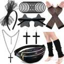 80s Costume Accessories Set for Women, Black Holographic Pack Fishnet Gloves Leg Warmer Lace Headband Cross Jewelry, 1980s Fancy Prom Dress Party Outfit