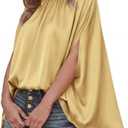 BTFBM Womens Summer Tops 2026 Mock Neck Batwing Sleeve Silk Satin Shirts Loose Oversized Dressy Casual Spring Blouses XL