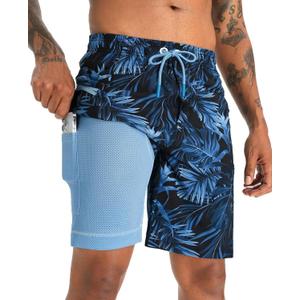 APTRO 2 in 1 Men's Swim Trunks 9" with Zipper Pockets Bathing Suit Built-in Board Shorts Swimwear Long Shorts Palm Blue 2X