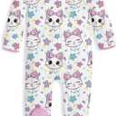 uideazone Baby Girls Footed Pajamas Zip-Front One-Piece Sleeper Non-Slip Footie Cute Pattern Jumpsuit PJs 0-12 Month (6-9 Months, Pink Cat)