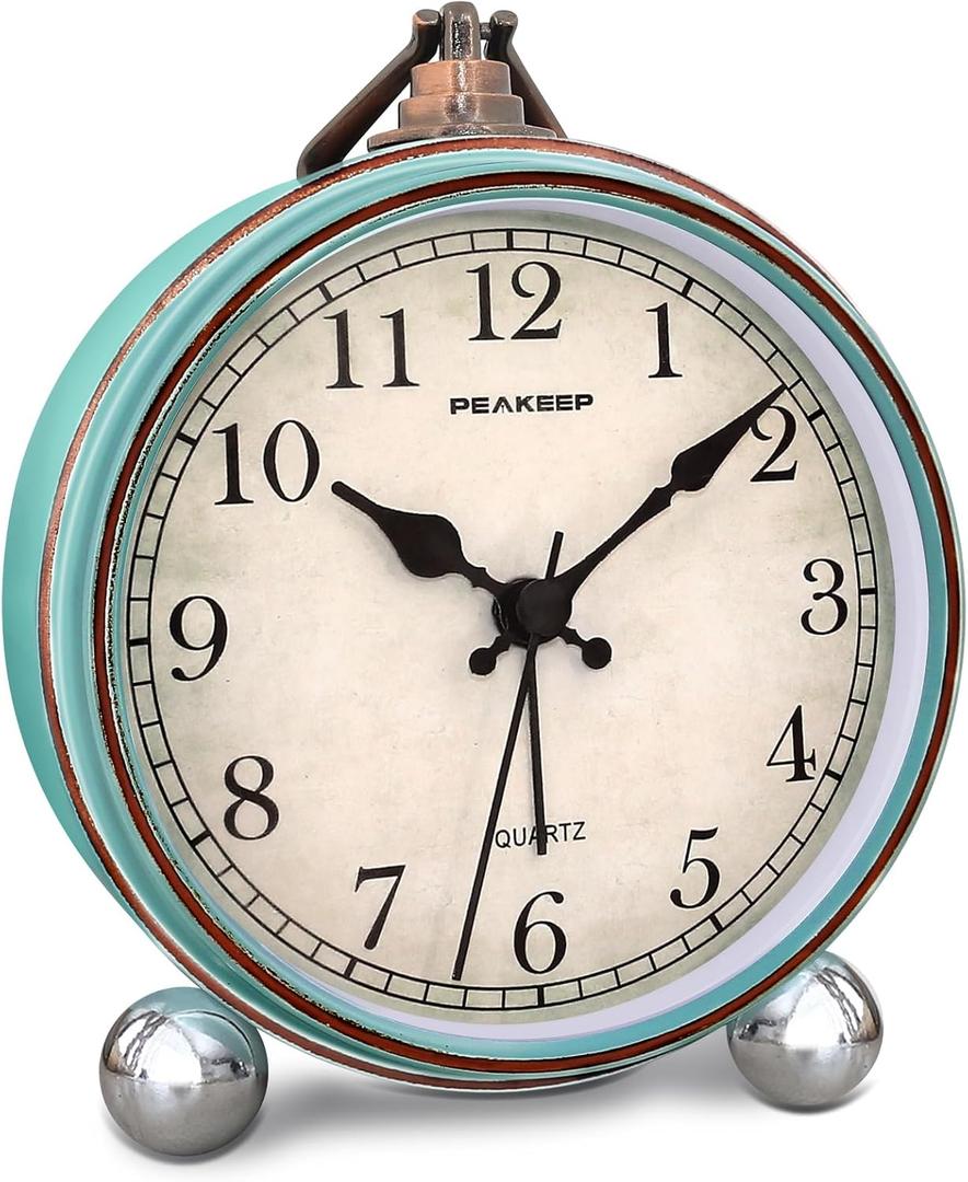 Peakeep 4" Small Battery Operated Antique Retro Analog Alarm Clock for Room Decor, Silent Elegant Bedside Desk Table Gift Clock (Aqua)