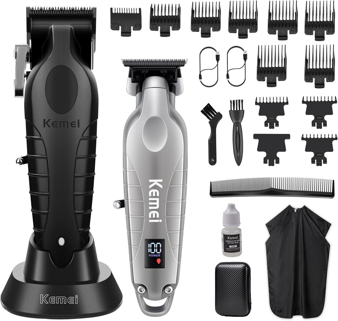 KEMEI Hair Clippers for Men, Professional Clipper and Trimmers Set, Cordless Zero Gap Trimmer for Men with LED Display, 11 Guide Combs (2293silvery+2296)
