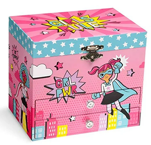 Jewelkeeper Girl Power Superhero Musical Jewelry Box with 2 Pullout Drawers - Plays Fur Elise Tune - Durable Pine Fiberboard Storage Box with Spinning Superhero Doll and Velvet Lining for Girls Gifts
