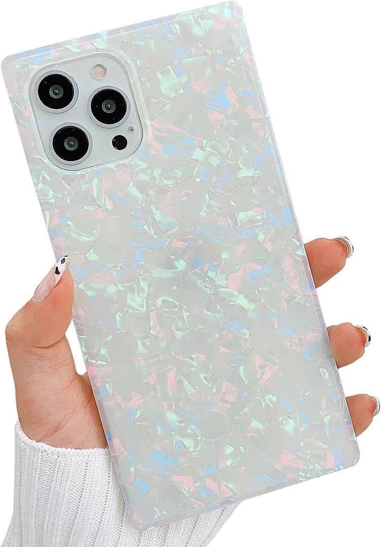 Luxury Rectangle Compatible with iPhone 12 Pro Max Case,Slim Coloful Sparkle Glitter Mother Shell Pearl Pattern Soft TPU Protective Bumper Cases Cover(Pearl)