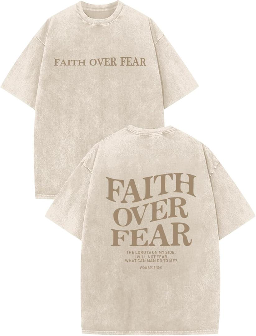 Christian Faith Over Fear Shirt for Men Jesus Religious Shirts Oversized Graphic Tees Acid Wash God T-Shirt (Beige, L)