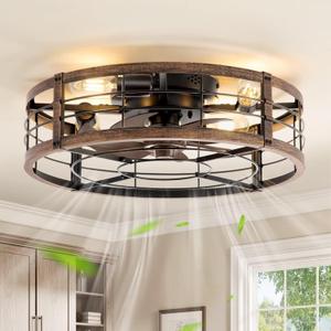 LEDIARY 20" Caged Ceiling Fan with Light and Remote, Low Profile Flush Mount Fandelier, Black Gold Bladeless Enclosed Small Fan Lights Ceiling Fixtures, Rustic Farmhouse Style for Bedroom, Outdoor