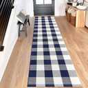 Buffalo Plaid Runner Rug 2x8 Feet Navy and White Checkered Hallway Runner Area Rug Farmhouse Cotton Woven Washable Carpet for Entryway, Kitchen, Laundry, Bedroom, Living Room