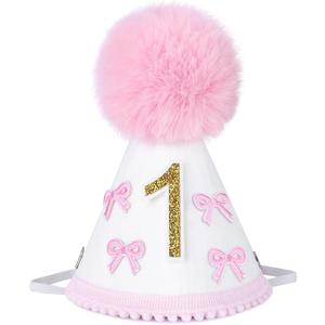 Babenest Felt Birthday Party Hat with Pompom Handcrafted Adjustable Cone Hat, First Birthday Crown for Half to 5th Celebration Party Decor Photo Props (Pink Bow)