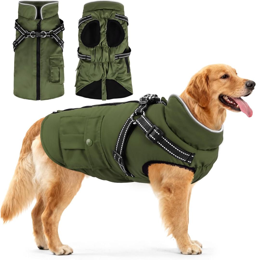 Dog Winter Coat with Harness Built-in | Waterproof Dog Jacket with Zipper & Fleece Lining | Reflective Cold Weather Coat for Small Medium Large Dogs (Army Green)
