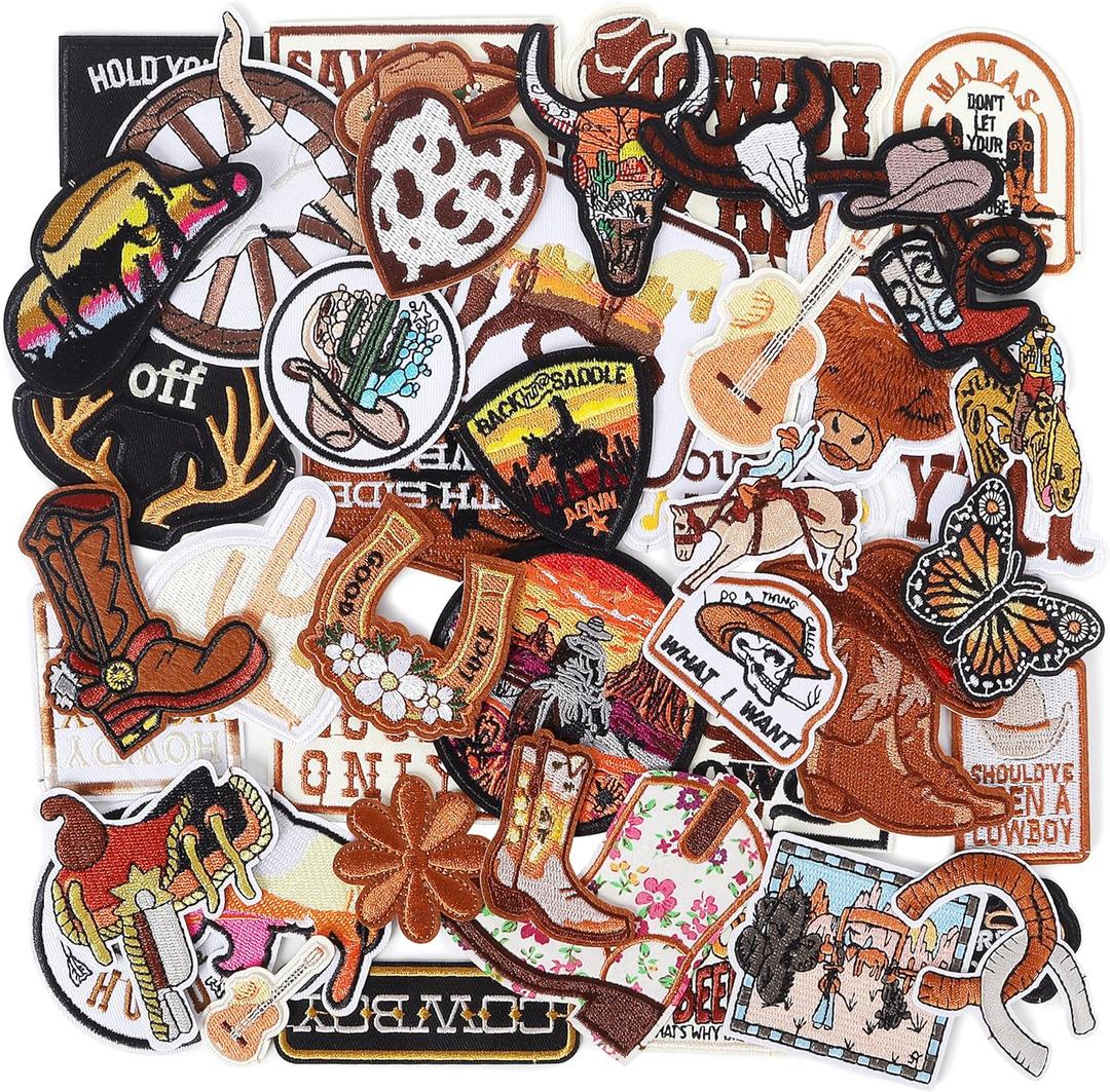 Western Embroidered Iron On Patches for Hats: Meneng 45Pcs Cowboy Sew On Applique Patches for Jackets Backpacks Clothing - Vintage Embroidery Patch for DIY Accessories
