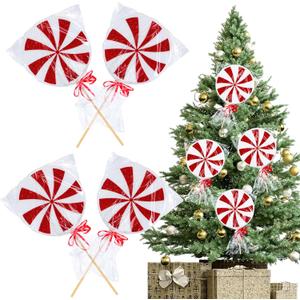 Briwooody 4 Pcs Large Candy Christmas Ornament 13.8 Inch Giant Lollipops Decoration Christmas Tree Hanging Ornament for Xmas Tree Decor(Red and White,Lollipops)