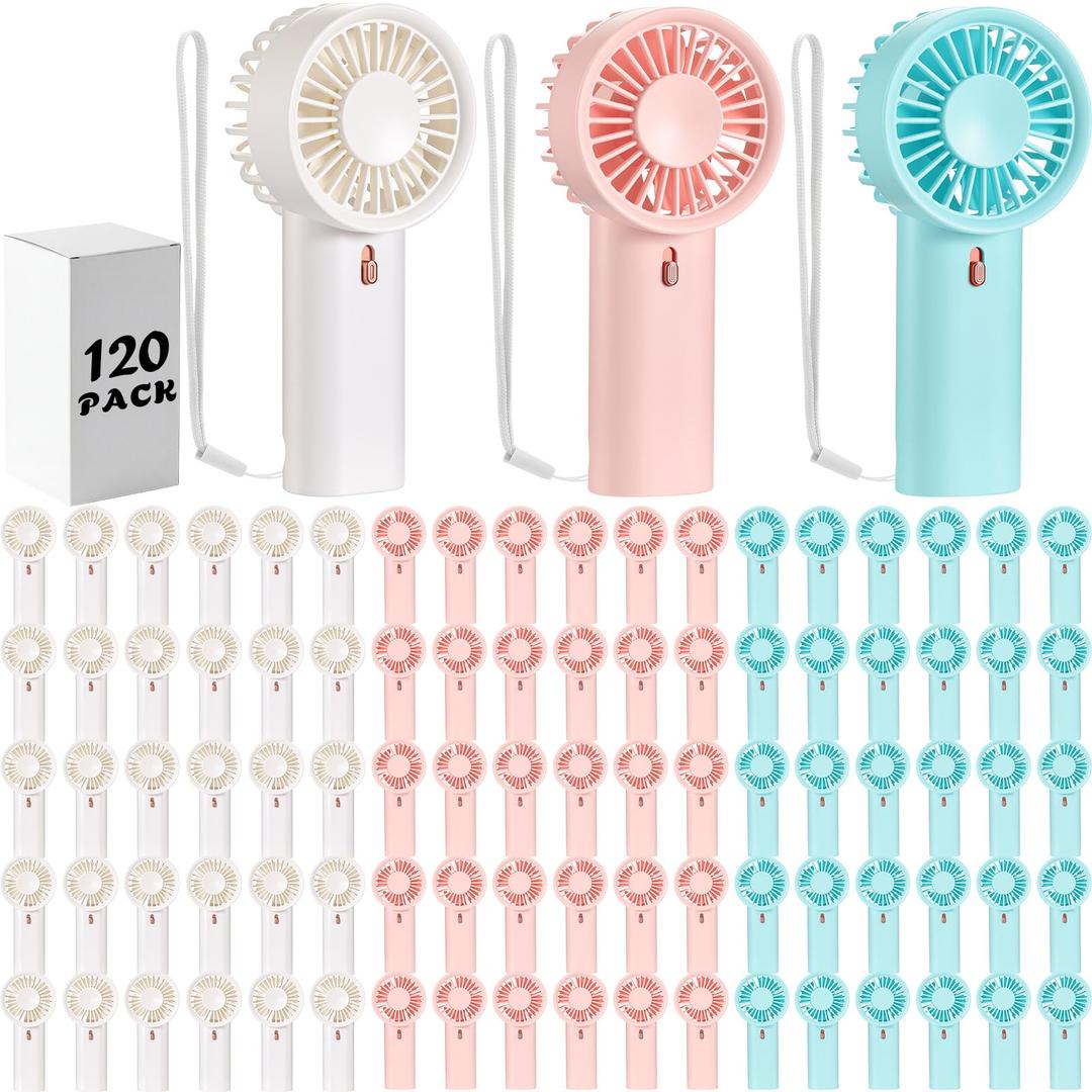 Woanger 120 Pack Mini Portable Fans Bulk Handheld Battery Operated Fan with Lanyard Personal Hand Held Cooler for Wedding Summer Travel Indoor Outdoor Office Camping Gift with Box (Aaa,3 Colors)