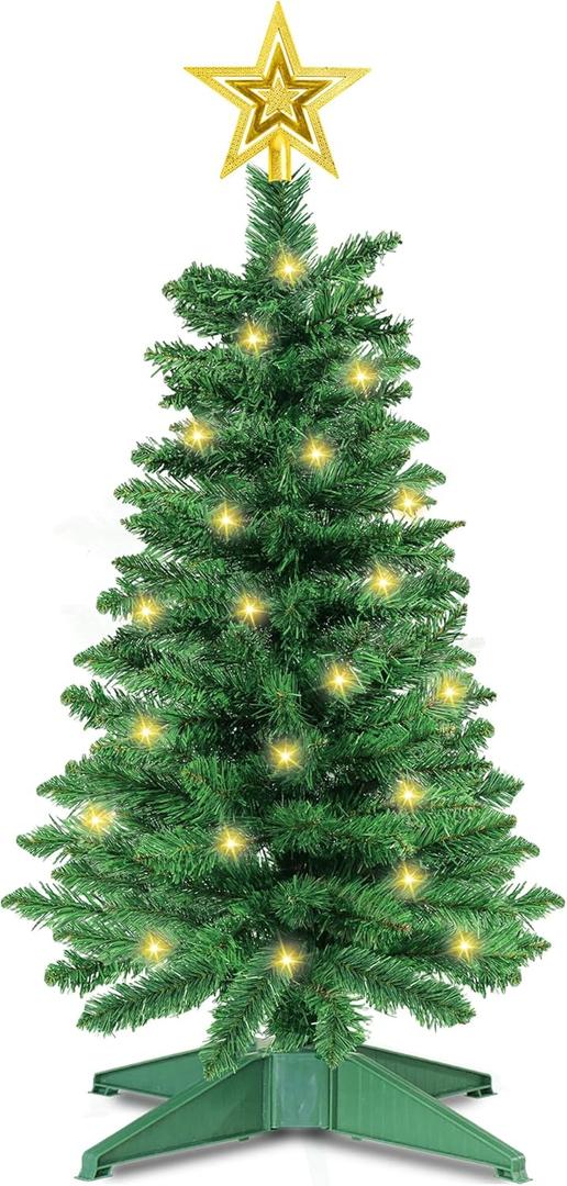 3 Feet Green Christmas Tree with Lights, 8 Modes Timer 50 Warm White Lights Battery Operated Small Artifical Full Christmas Tree for Indoor Home Tabletop Office Xmas Holiday Decorations