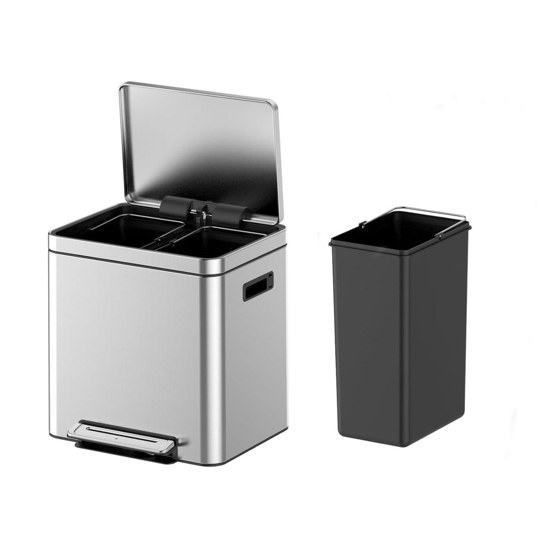 Garvee Dual Compartment Trash Can with 2 Removable Buckets, Brushed Stainless Steel Recycling Bin with Soft-Close Lid & Foot Pedal, Rectangular Kitchen Garbage Can for Waste Separation (8 Gal)