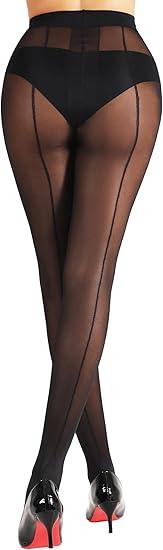 SUREPOCH Backseam Sheer Pantyhose for Women T - Crotch Tights Control Top Nylon Black Stockings with Design Reinforced Toe, Size: Small-Medium