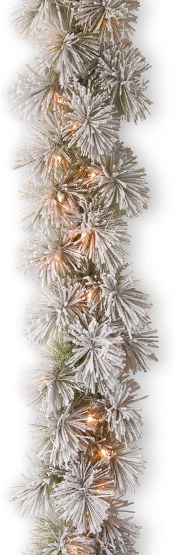 National Tree Company Pre-Lit Artificial Christmas Garland, Green, Glittery Bristle Pine, White Lights, Decorated With Frosted Branches, Plug In, Christmas Collection, 9 Feet