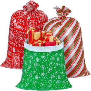 CubesLand Large Christmas Sacks Gift Bags,3 Jumbo Santa Sack Plastic Gift Bags, Christmas Bags for Gifts Giant, Holiday Gift Wrap with Tag & Tie, Extra Large/Big/Medium