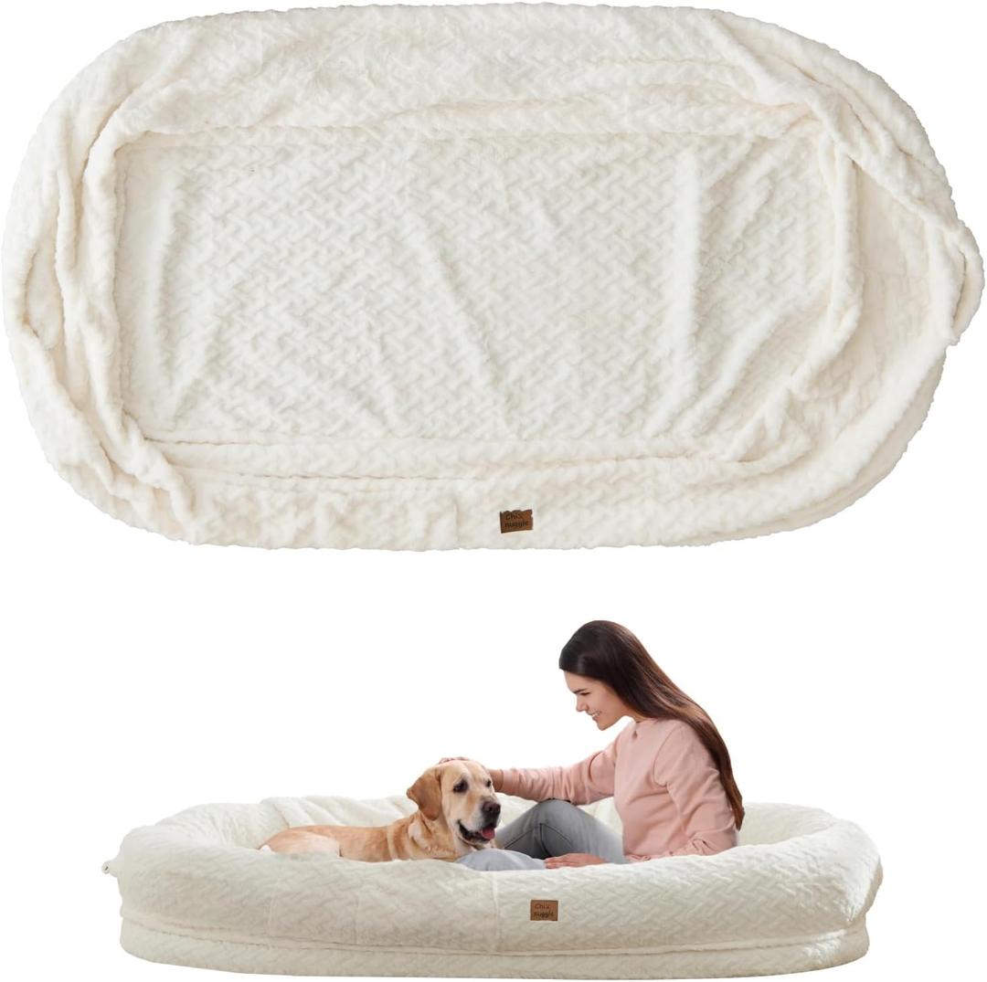 ChiXnuggle Faux Fur Washable Human Dog Bed Cover, (Only Human Dog Bed Cover) 72x40x10, Removable Replace Cover, Soft Fur, Non-slip Bottom, White