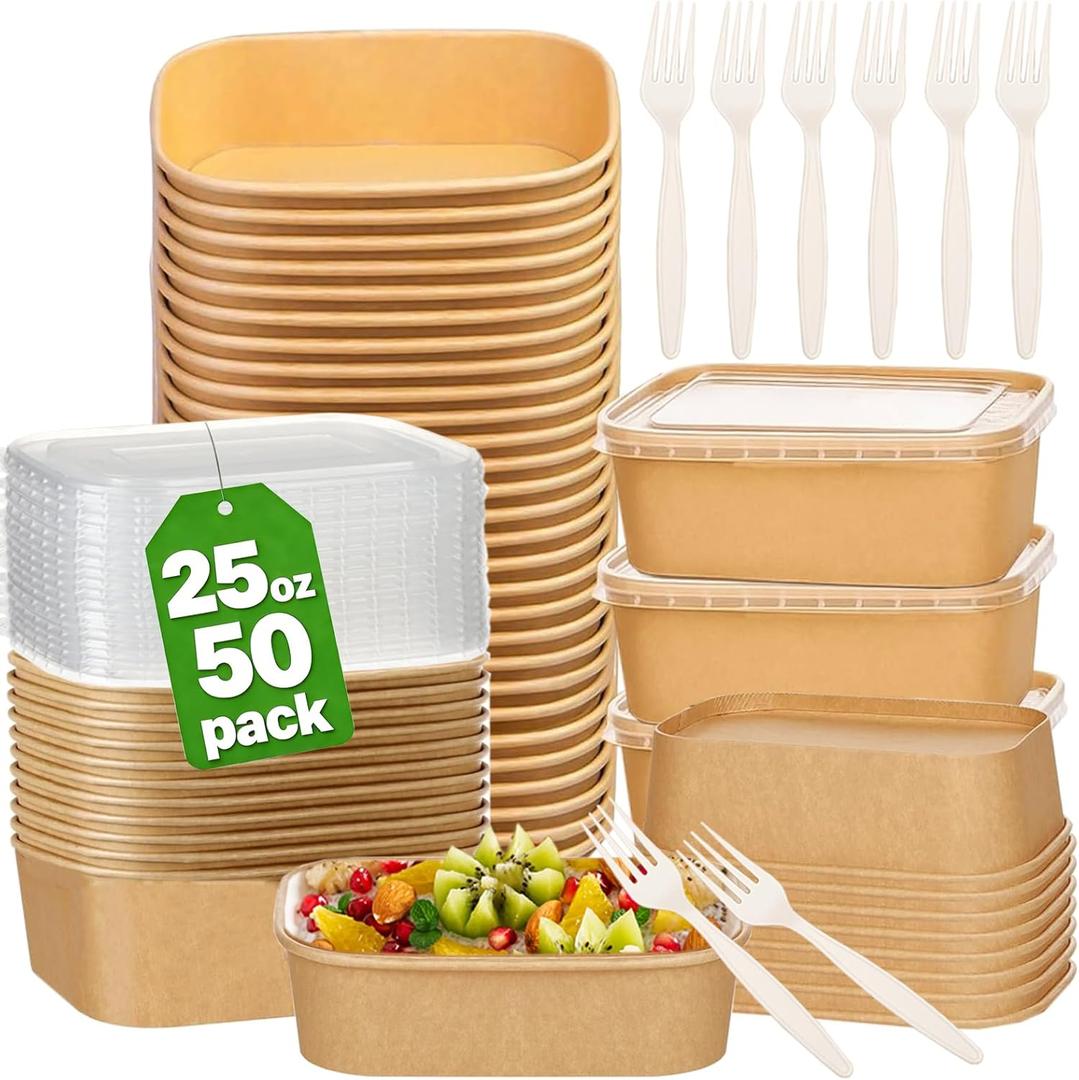 50 Pack 25Oz Disposable Meal Prep Containers With Lids and Forks-Disposable Kraft Paper Bowls-to go food containers-Microwavable and Freezer Safe Take Out Containers for Hot/Cold Food Prep and Salad