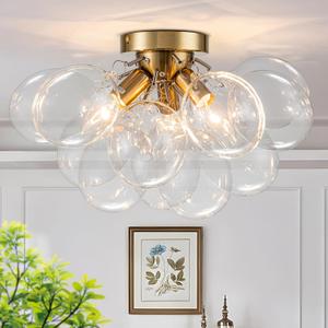 Semi Flush Mount Chandelier Gold Close to Ceiling Light Fixtures Modern Bubble Ball Glass Chandelier Mid Century Ceiling Pendant Light 17.72in 13 Globe for Bedroom Foyer Living Room Kitchen Island