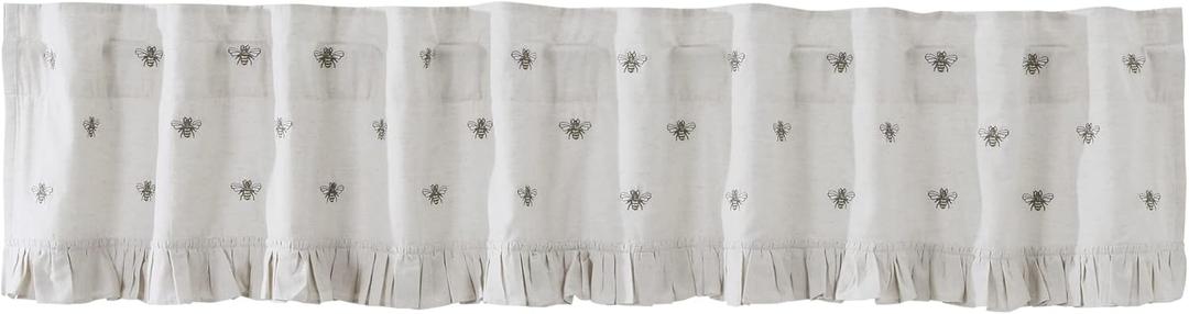 VHC Brands Embroidered Bee, Farmhouse Window Valance Curtain, Ruffled, Creme Yellow Grey, 16x90