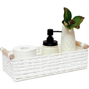 Small Storage Basket Wicker Baskets for Organizing with Handle Decorative Storage Bins for Countertop Toilet Paper Basket for Toilet Tank Top Small Baskets Set,White