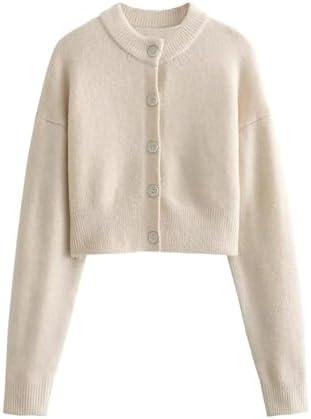FindThy Women’s Cropped Cardigan Sweater Crewneck Solid Color Long Sleeve Button Down Knitted Outerwear Top Small