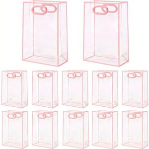 BeSlivewell 12 Pcs Clear Gift Bags with Handles 7.1"x10.2"x3.2" Plastic Party Favor Bag with Ribbon Reusable Goodie Bags Transparent Gift Wrap Bag Bulks for Bridal Wedding Birthday (Pink)