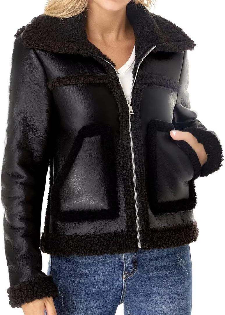 Women's Faux Shearing Moto Jacket Thick Fur Lined Coat Sherpa Leather Jacket