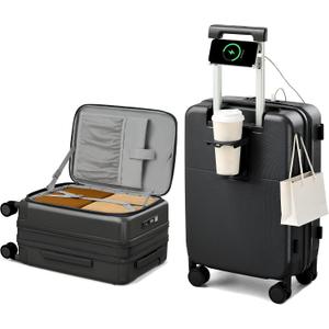 Hanke 20 Inch Expandable Carry On Luggage with Cup Holder 22x14x9 Airline Approved, Top Opening Hard Shell Suitcases with Wheels, Carry-On Travel Suitcase Trunk Luggage with Lock, Jet Black