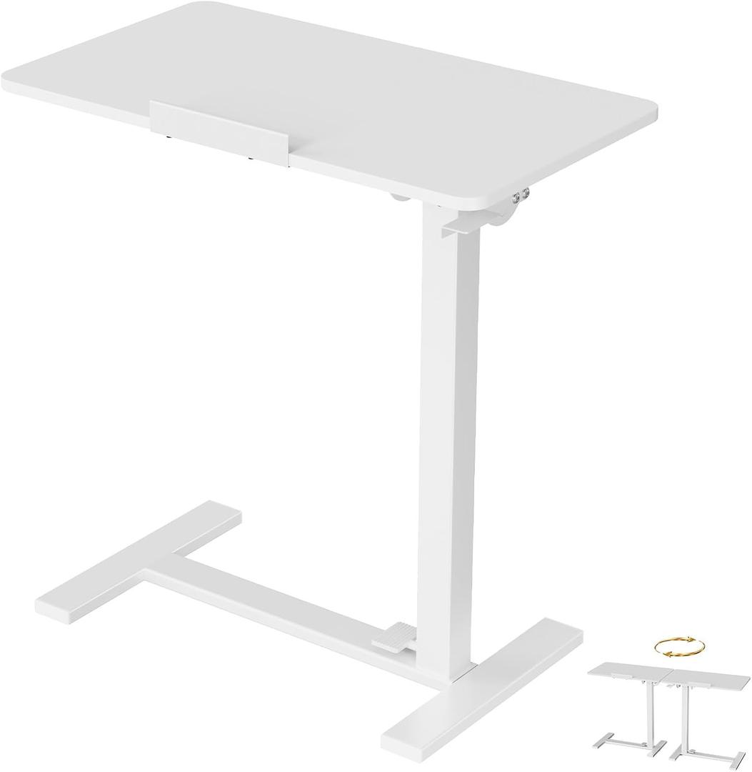 DUMOS Overbed Table with Wheels, Height-Adjustable Bedside Table, White