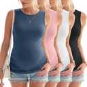 Ficerd 4 Pack Women's Maternity Tank Tops, Side Ruched Sleeveless Pregnancy Shirts Summer Comfy Round Neck Maternity Vest Tee (Haze Blue, Light Pink,White,Light Green), Small