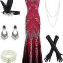 Women 1920S Gatsby Sequin Mermaid Formal Evening Dress with 20s Accessories Costume (3X-Large, Style-8 Silver&red)