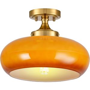 Mid Century Modern Semi Flush Mount Ceiling Light, Orange Vintage Glass Ceiling Lamp for Kitchen Hallway Living Room Entryway Bathroom Light Fixture