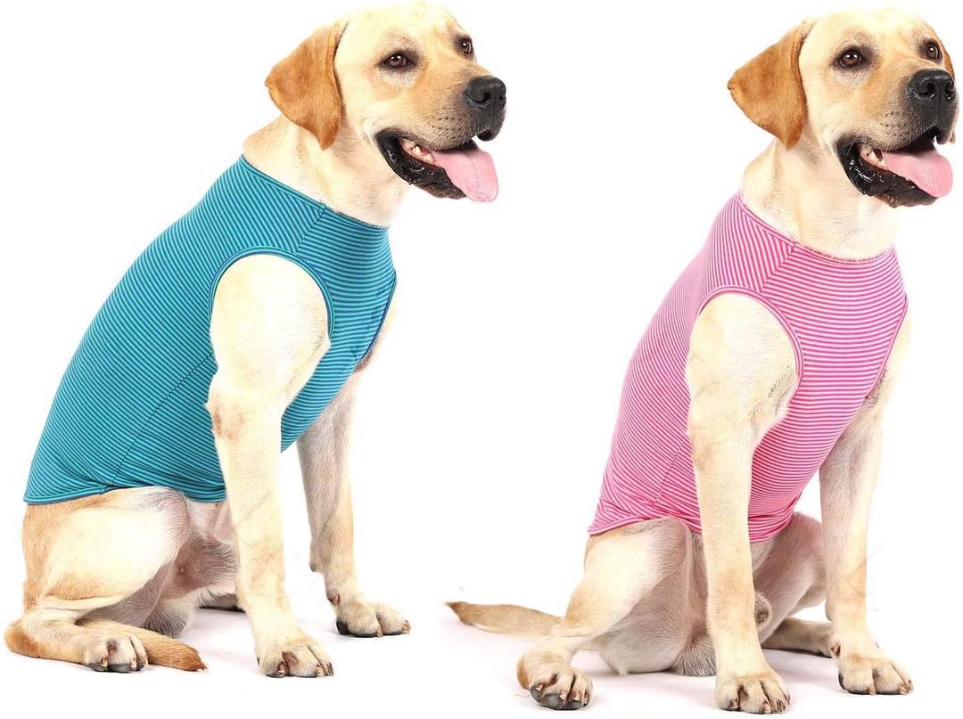 WEONE Dog Summer T-Shirts Striped Cotton Vest,Pet Breathable Soft Basic Clothes for Small Medium Larg Boy Girl Dogs,XL (Green+Pink(1 Pack include 2 pcs))