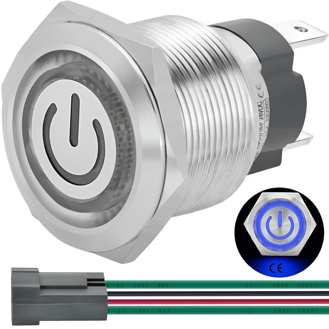 15Amp 19mm Latching Push Button Switch Blue 110V 120V AC SPST Power Symbol Ring Led Light Stainless Steel 304 Self-Locking On Off 3/4'' with Wire Socket