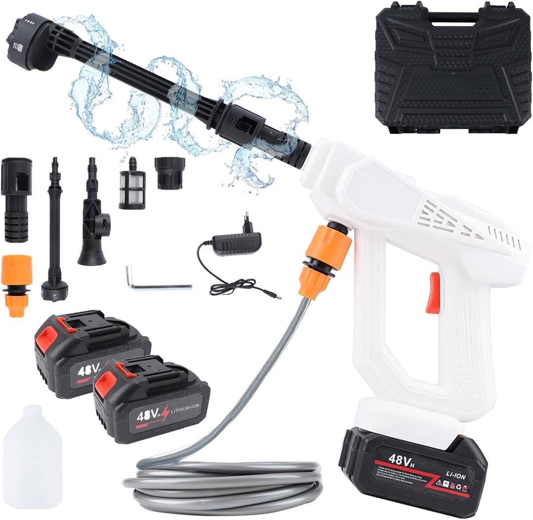 Car Wash Spray Gun 48Vh, High-Pession Water Gun 5-Section Dual Electric Car Cleaning Gun Toolbox Set with 6 in 1 Nozzle, 5-Meter Hose, Water Pipe Adapter, Filter Screen, Foam Kettle