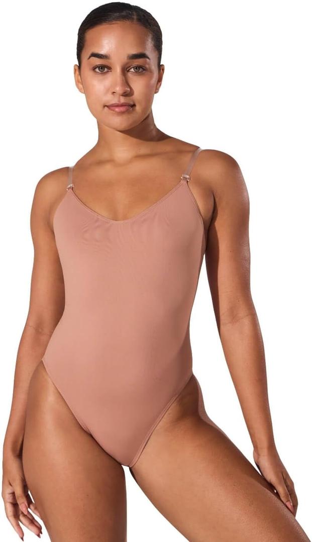 Capezio Women's Camisole Leotard with Clear Transition Straps, Suntan, Medium