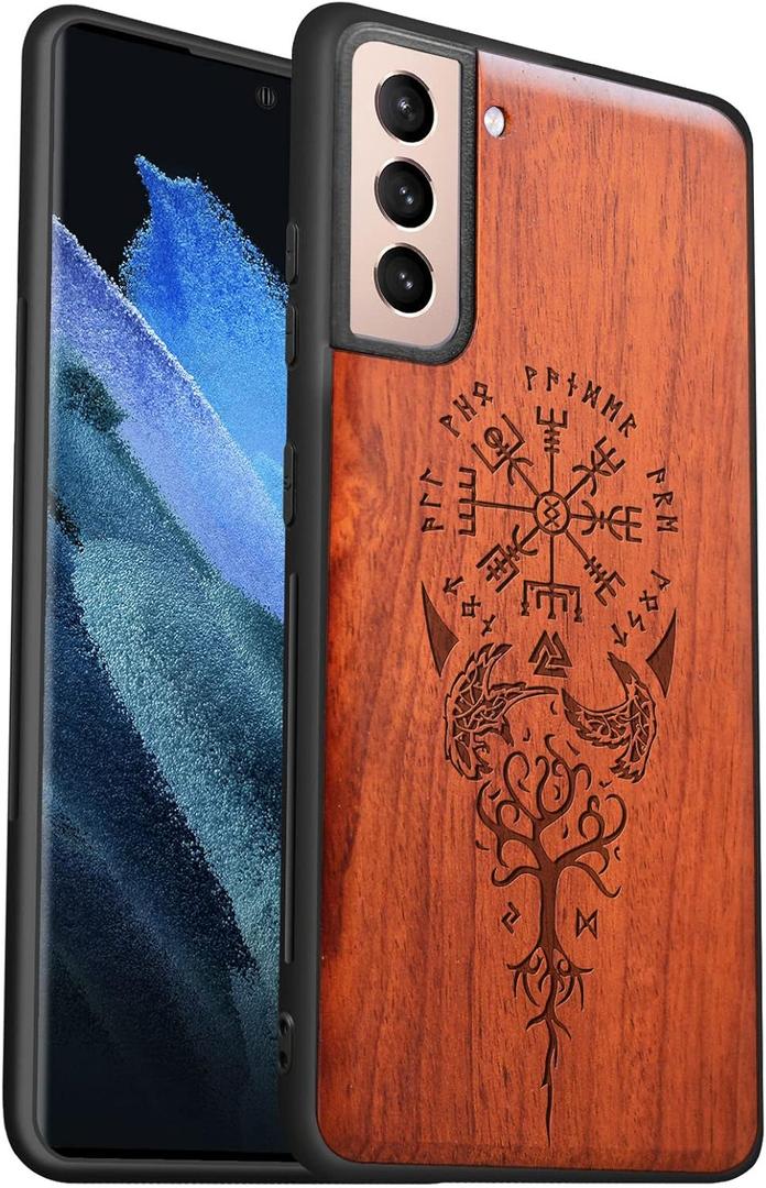 Carveit Wood Case for Samsung Galaxy A13 A14 A15 A16 4G 5G  Case [Hard Real Wood & Soft TPU] Shockproof Hybrid Protective Unique Wooden Cover Compatible with S21 Plus 5G (Viking Compass Vegvisir-Rosewood)