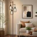 Nintiue Dimmable Floor Lamp,3x800LM LED Bulbs Included, Farmhouse Industrial Floor Lamp Standing Tree Lamp with Teardrop Cage Head Tall Lamp for Living Room Bedroom Office Dining Room - Matte Brown